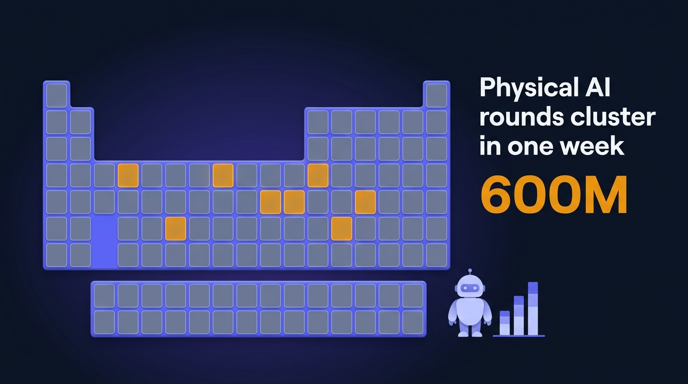 Glowing periodic-table grid of catalyst materials with six amber-highlighted cells, a small humanoid robot beside a bar chart, and headline text on deep navy.