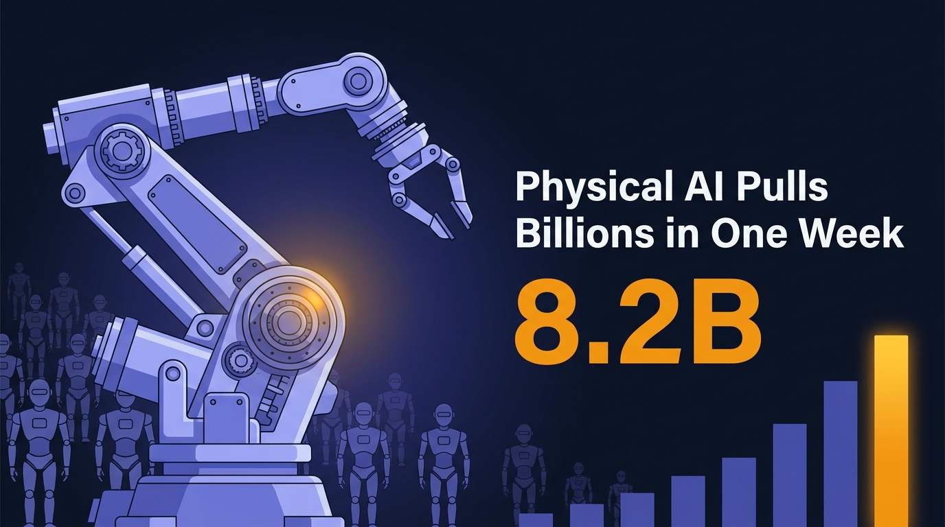 Industrial robotic arm with indigo shading stands before a grid of humanoid robot silhouettes and a rising bar chart; headline Physical AI Pulls Billions in One Week and stat 8.2B anchor the right sid