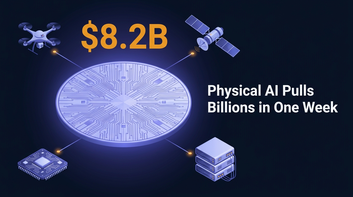 Semiconductor wafer at center with glowing circuit traces connecting to a drone, satellite, server rack, and chip module; stat $8.2B and headline Physical AI Pulls Billions in One Week in bold type.