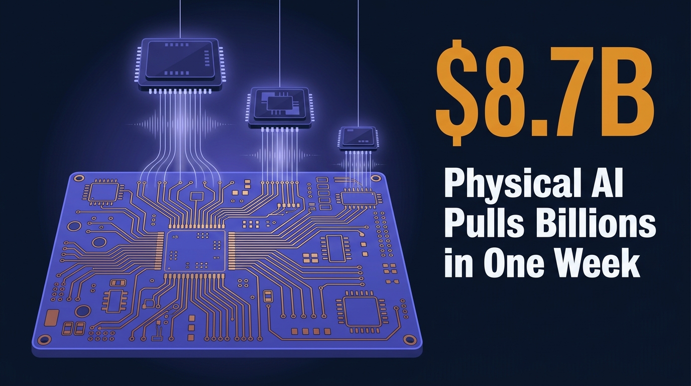 Industrial circuit board with branching copper traces and three descending chips linked by glowing lines; stat $8.7B and headline Physical AI Pulls Billions in One Week in bold type.