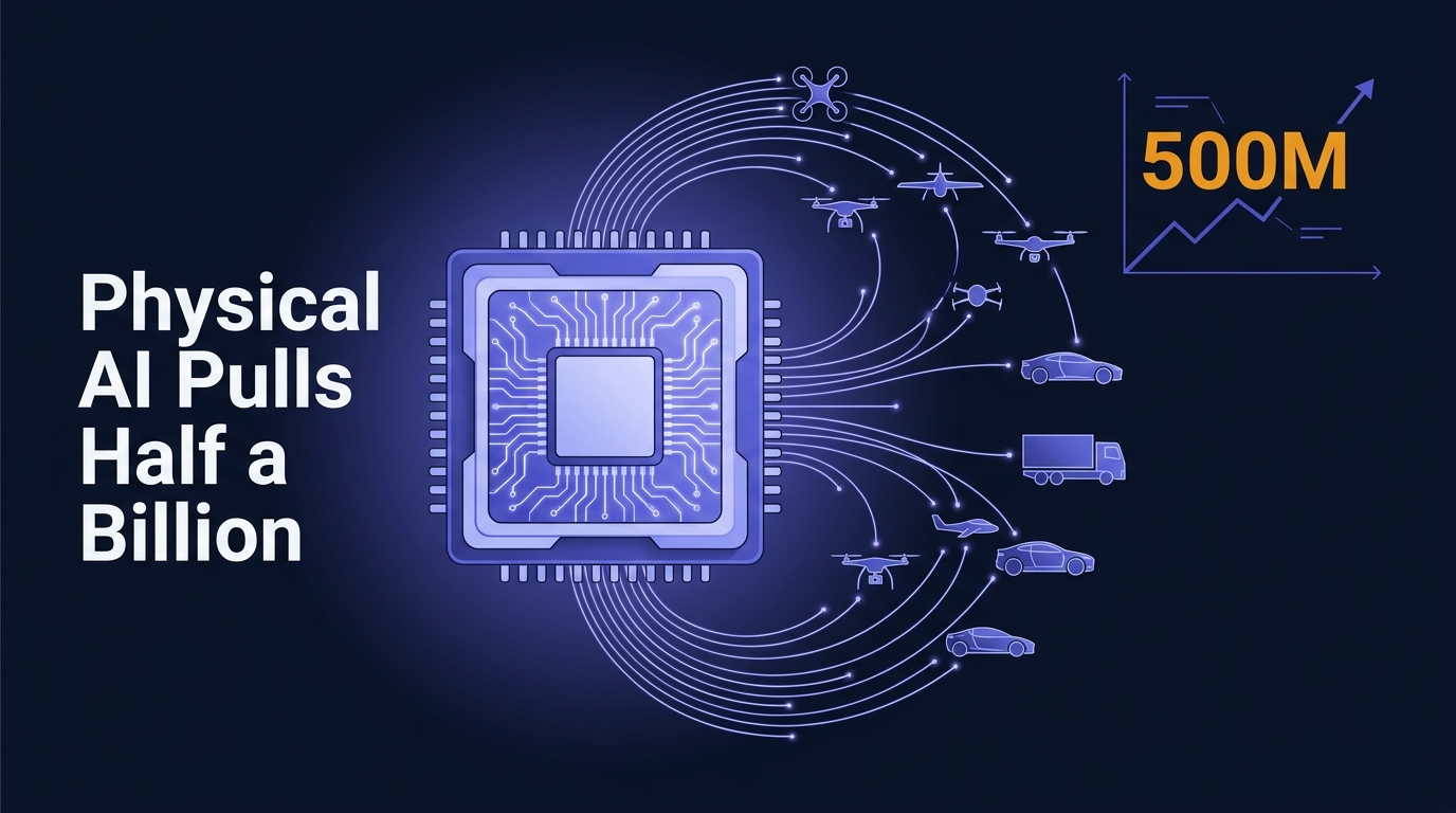 Silicon chip connected by fiber-optic lines to drone and car silhouettes, with a rising chart showing 500M and headline Physical AI Pulls Half a Billion on a dark navy background.