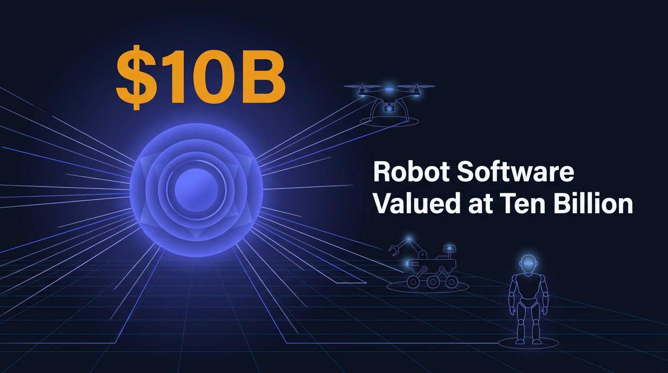 Central glowing indigo node connects via thin lines to small mechanical silhouettes, drone, rover, humanoid, across a dark grid; stat $10B and headline Robot Software Valued at Ten Billion displayed i
