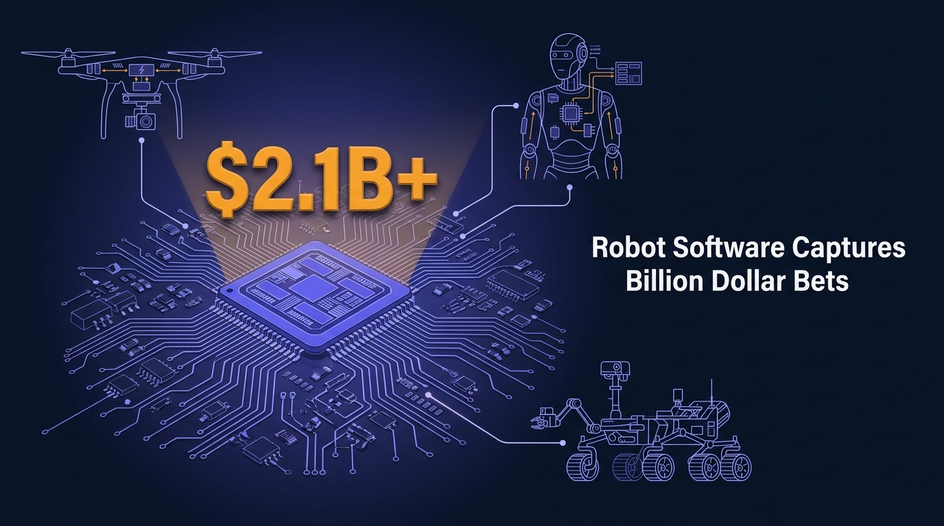 Circuit board with branching signal traces connecting schematic outlines of a drone, humanoid robot, and rover; stat $2.1B+ and headline Robot Software Captures Billion Dollar Bets in bold type.