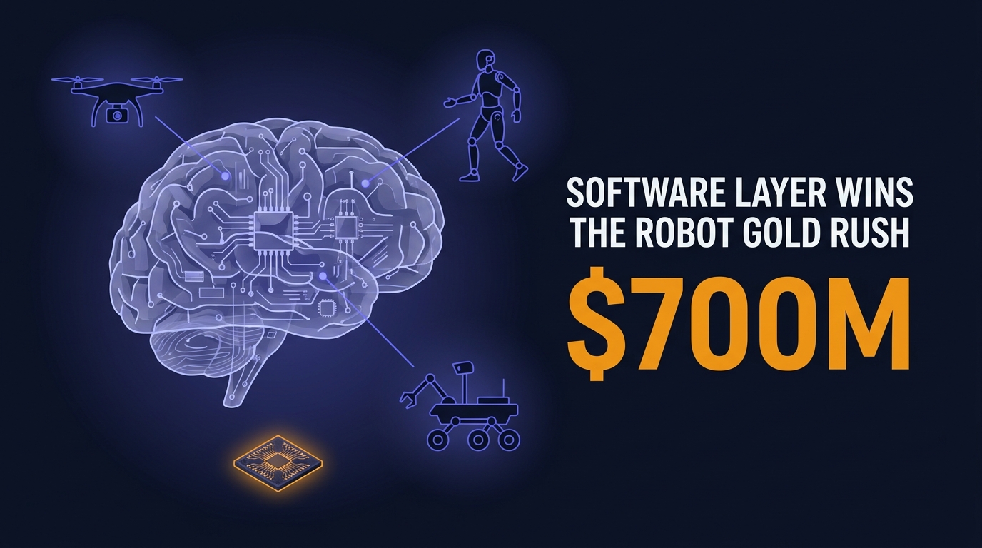 Transparent robot-brain circuit diagram connected by thin lines to drone, humanoid, and rover silhouettes, with a tiny chip below and headline Software Layer Wins The Robot Gold Rush beside a $700M st