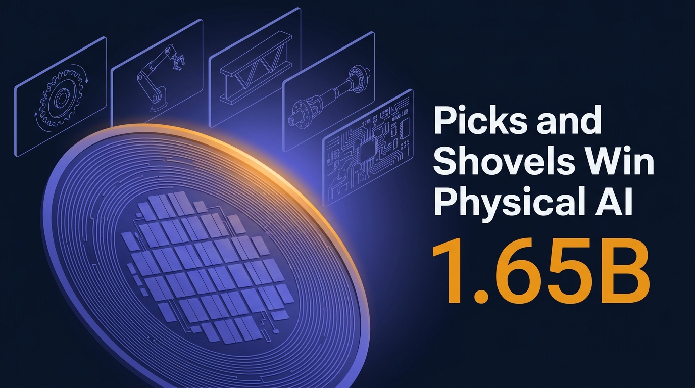 Silicon wafer with indigo circuit traces in the foreground, floating wireframe simulation panels receding behind it, headline Picks and Shovels Win Physical AI and stat 1.65B on the right.