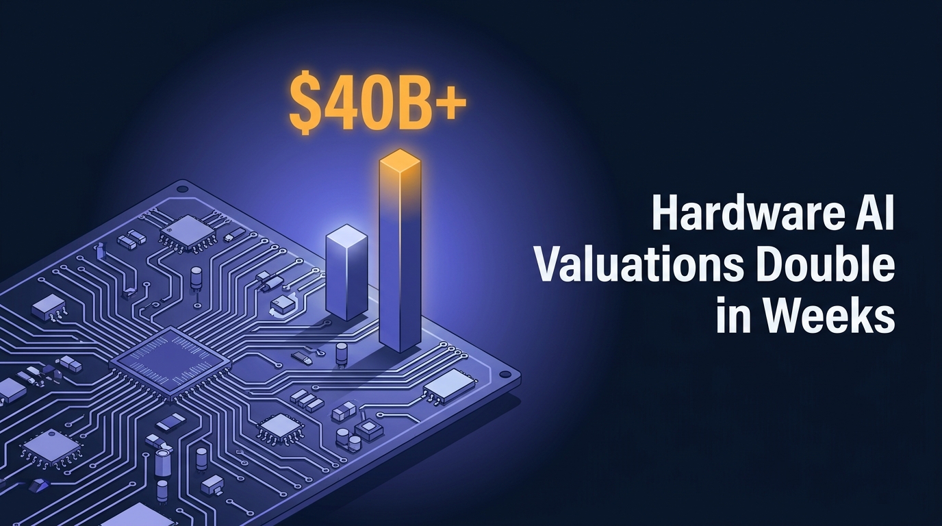 Circuit board with branching copper traces beside two floating bar charts, the taller bar marked $40B+, beside bold headline Hardware AI Valuations Double in Weeks on dark navy.