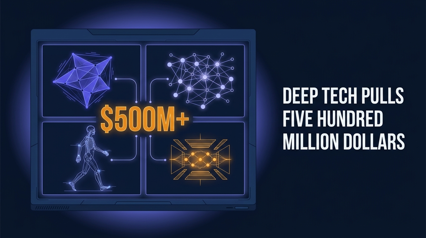 Top-down engineering workstation with four glowing circuit diagrams, mesh, agent network, skeleton, ion trap, connected by flow lines to a large amber $500M+ figure, headline beside it.