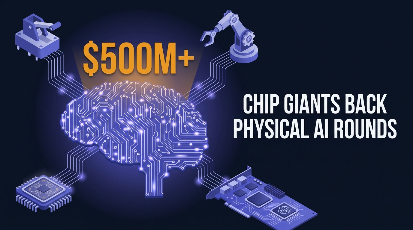 Circuit board with glowing indigo traces connecting a relay switch, robotic arm joint, quantum chip, and AI inference card, with stat $500M+ and headline Chip Giants Back Physical AI Rounds.