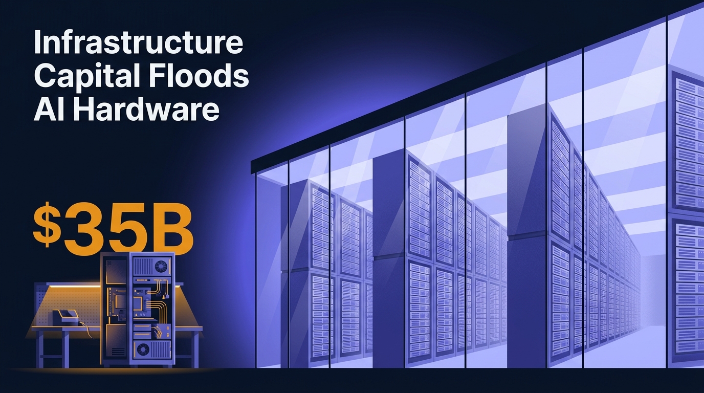 Vast modular data center with glass walls revealing server racks towers behind a small foreground workbench holding a single unfinished rack computer; stat $35B and headline prominent.
