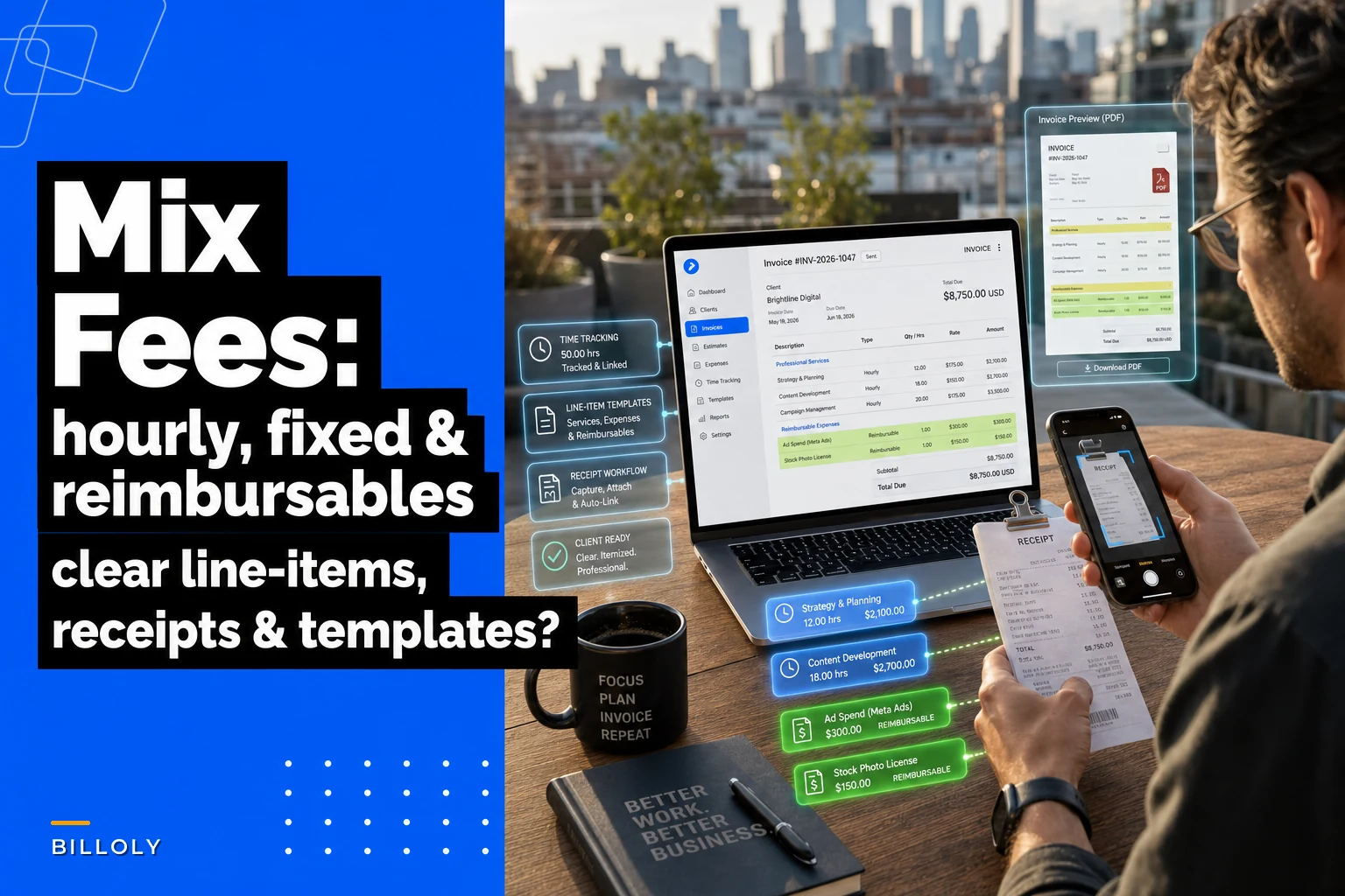 Mix hourly, fixed and reimbursable fees on one invoice without confusion: line-item templates and workflows
