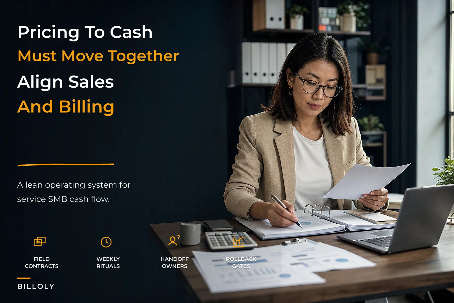 Pricing-to-cash operating system for service SMBs that aligns sales and billing