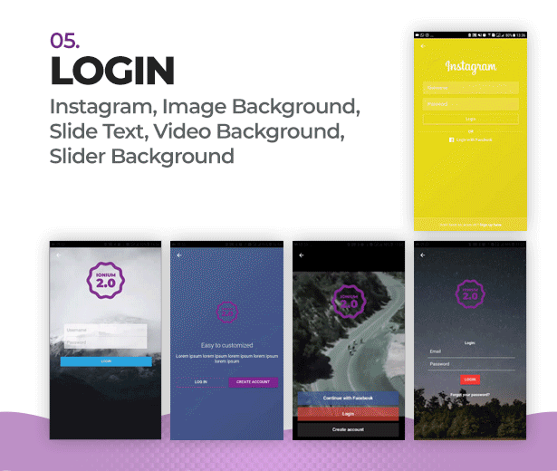 Login Template Instagram, Image Background, Slider Text, Video Background, Slider Background