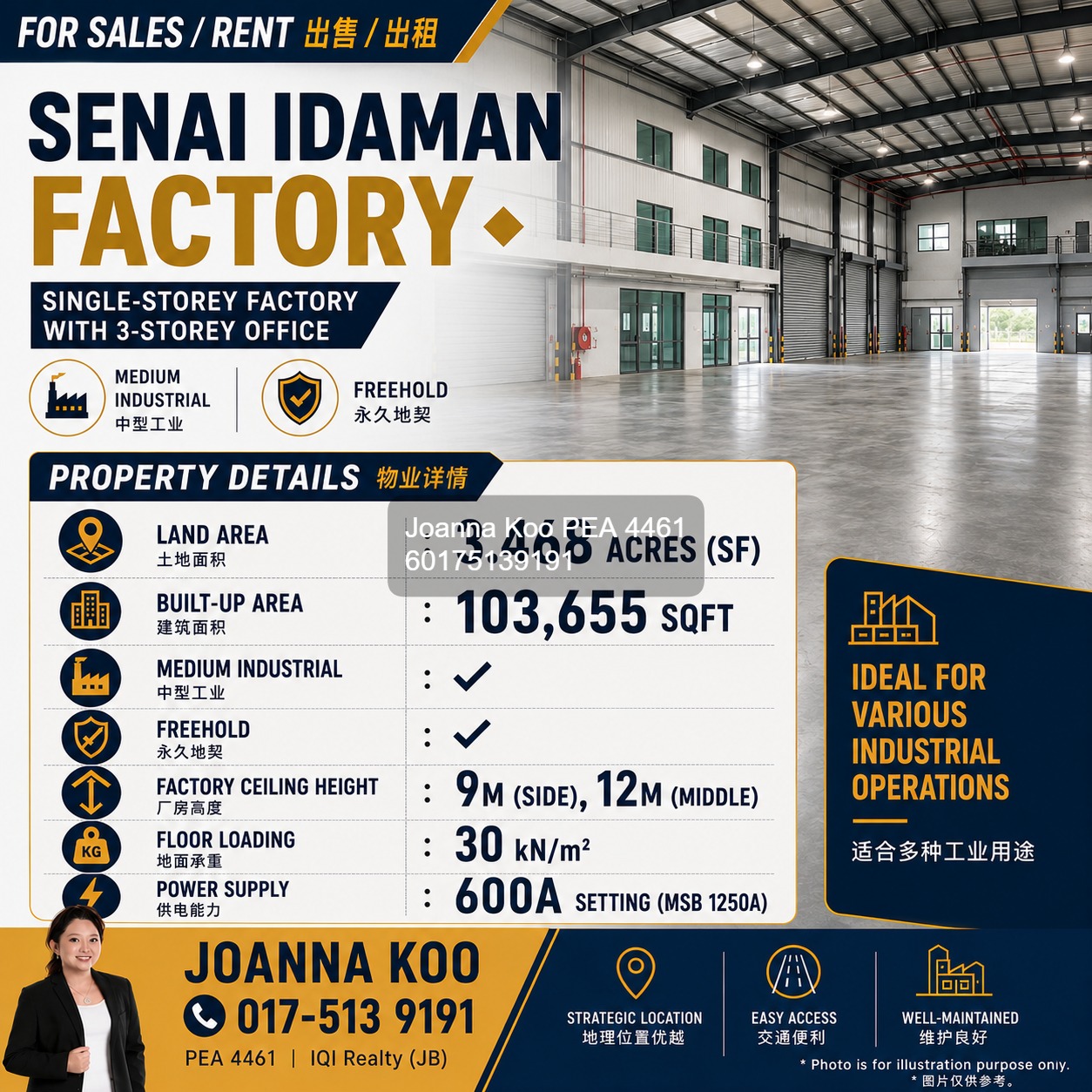 30 kN/m² Senai Idaman Detached Factory for Rent