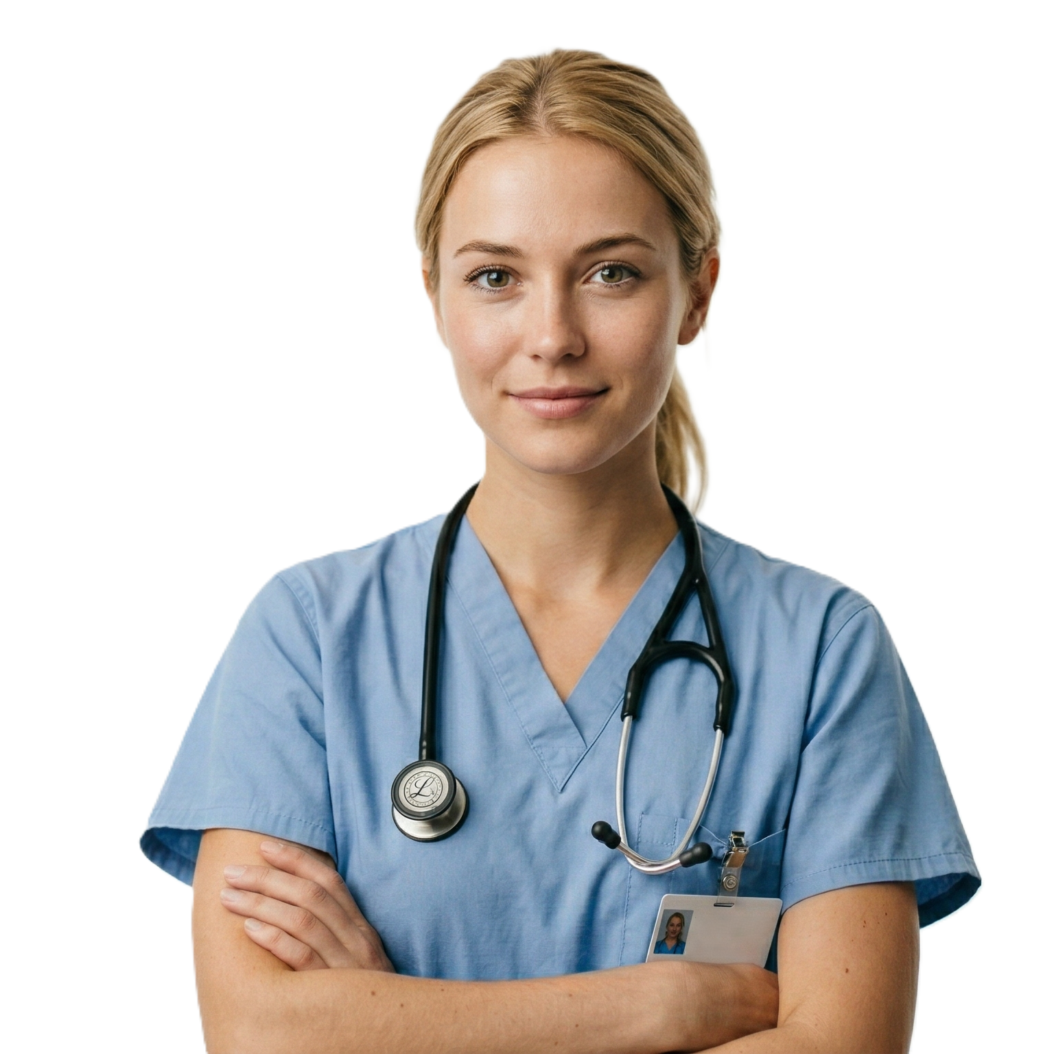 Uśmiechnięta, profesjonalna lekarka ze stetoskopem.