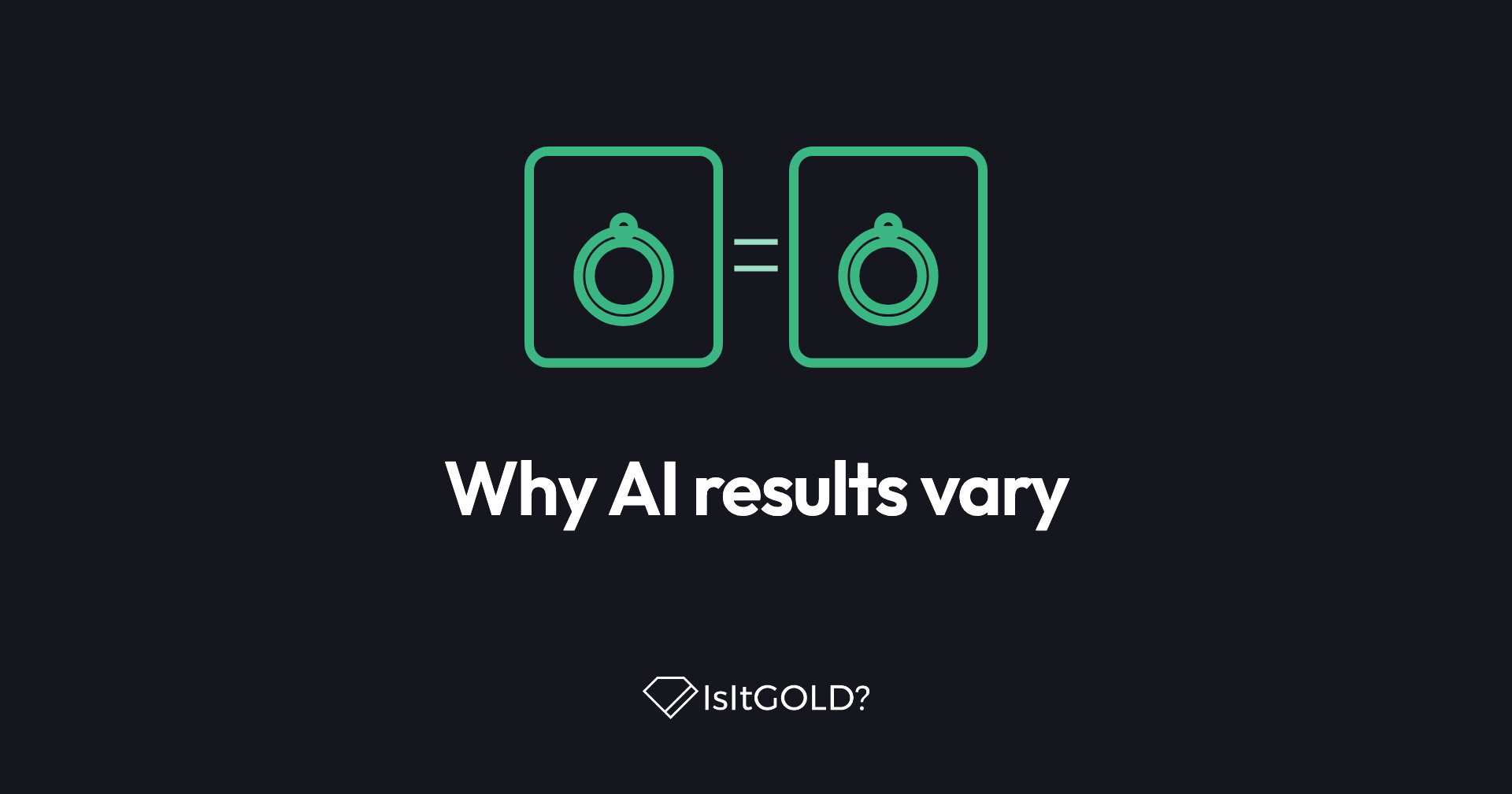 Green line illustration of two photos of the same ring with an equals sign between them, with the words “Why AI results vary” and the IsItGOLD? logo on a dark background