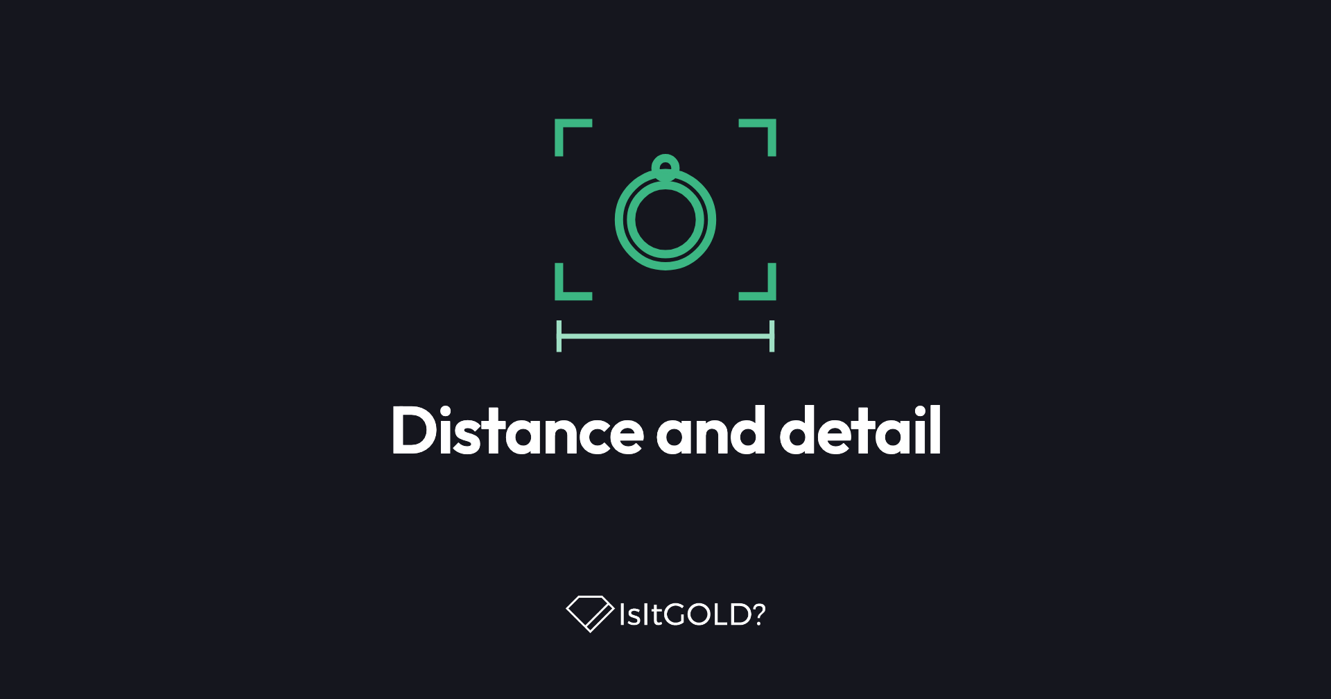 Green line illustration of a ring in a camera viewfinder above a distance marker, with the words “Distance and detail” and the IsItGOLD? logo on a dark background