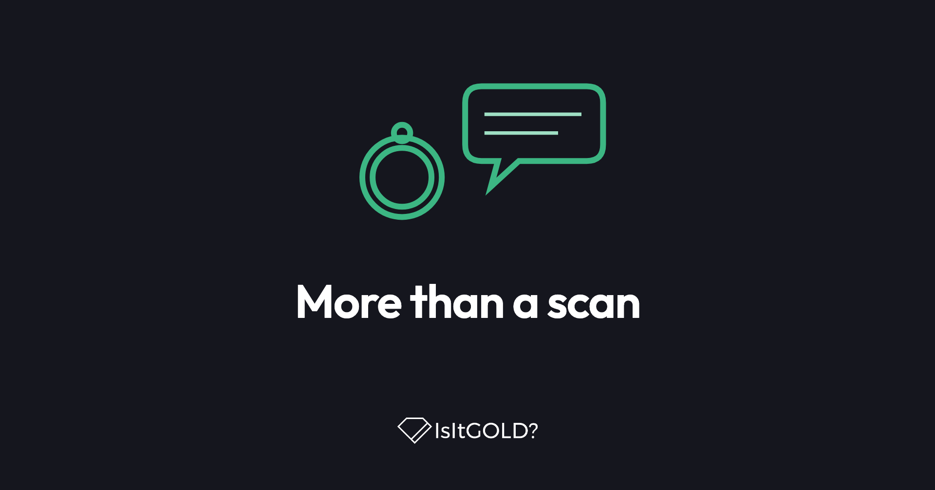 Green line illustration of a ring beside a chat bubble, with the words “More than a scan” and the IsItGOLD? logo on a dark background