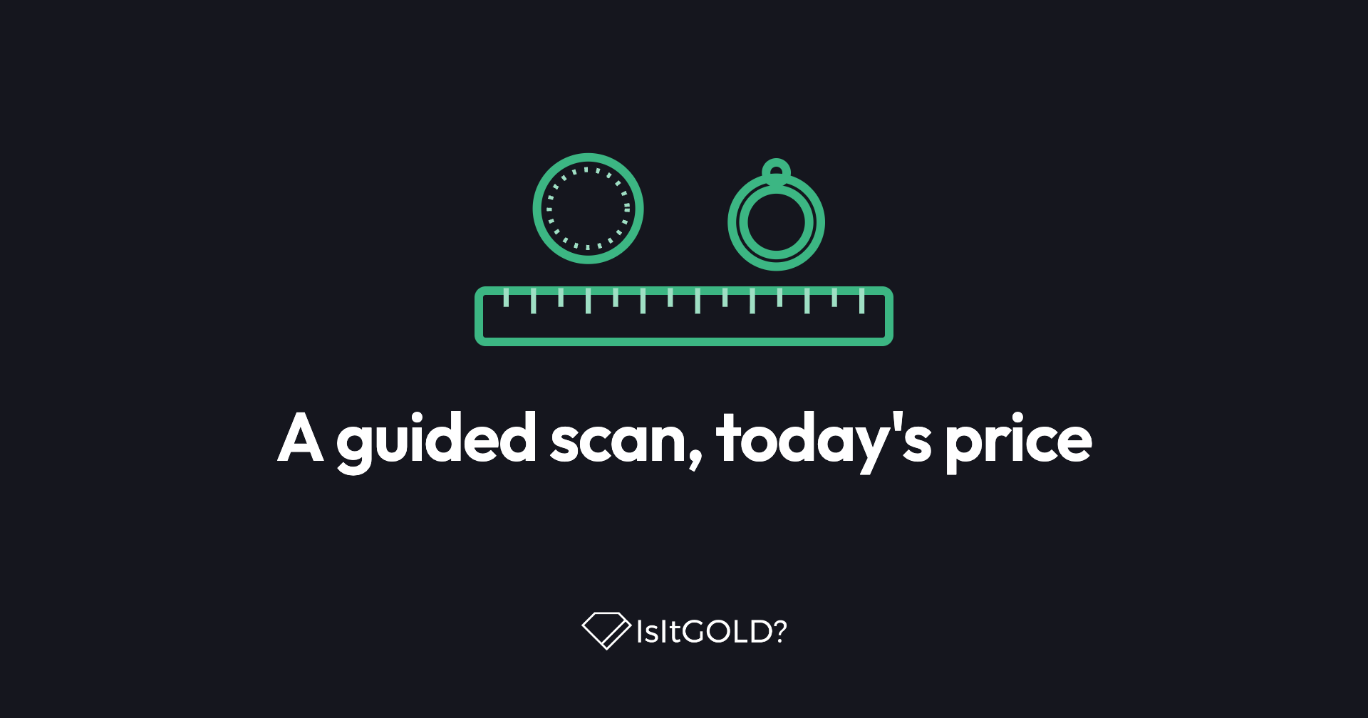 Green line illustration of a coin and a ring lying over a ruler, with the words “A guided scan, today's price” and the IsItGOLD? logo on a dark background