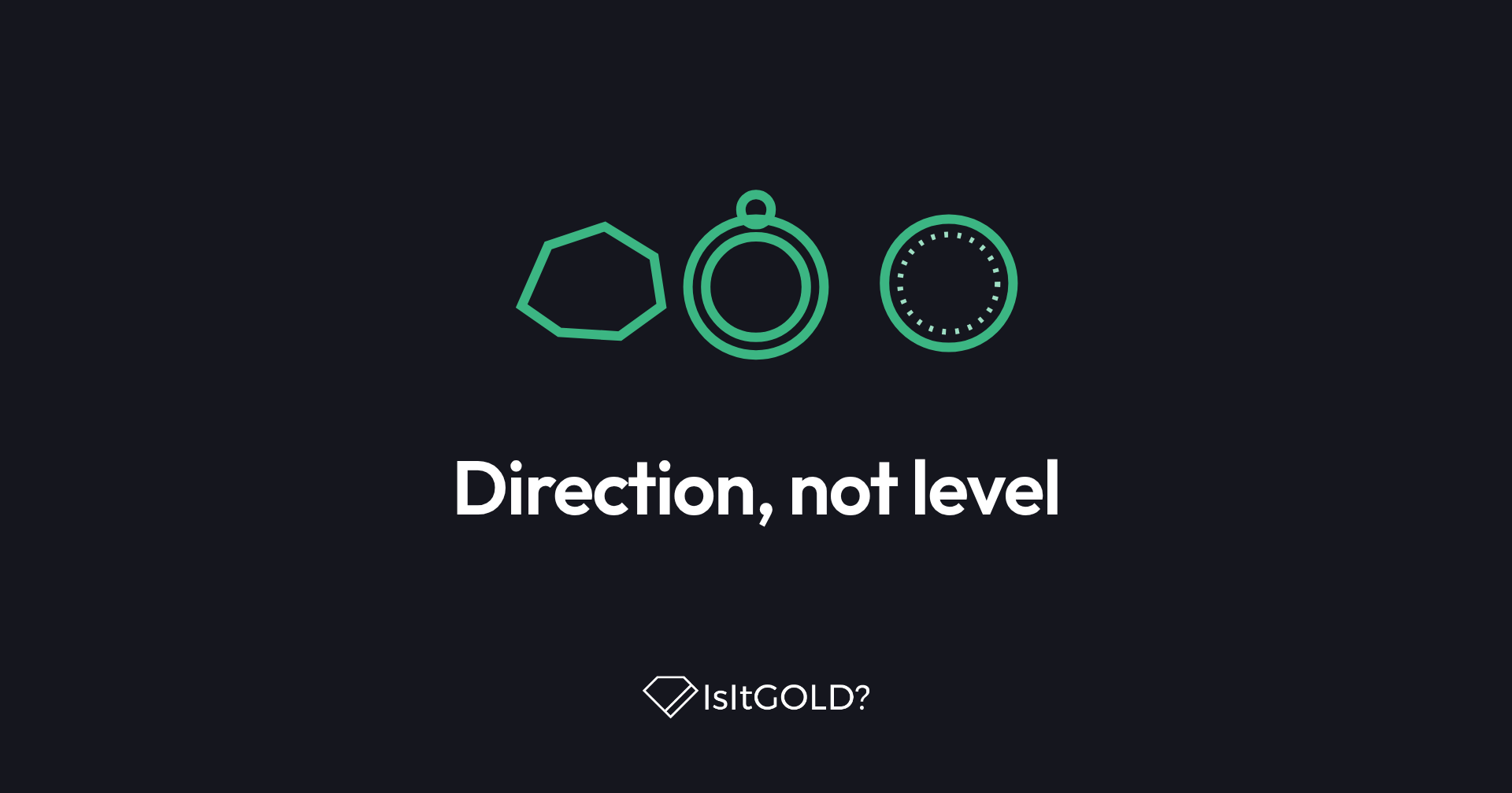 Green line illustration of a nugget, a ring and a coin, with the words “Direction, not level” and the IsItGOLD? logo on a dark background