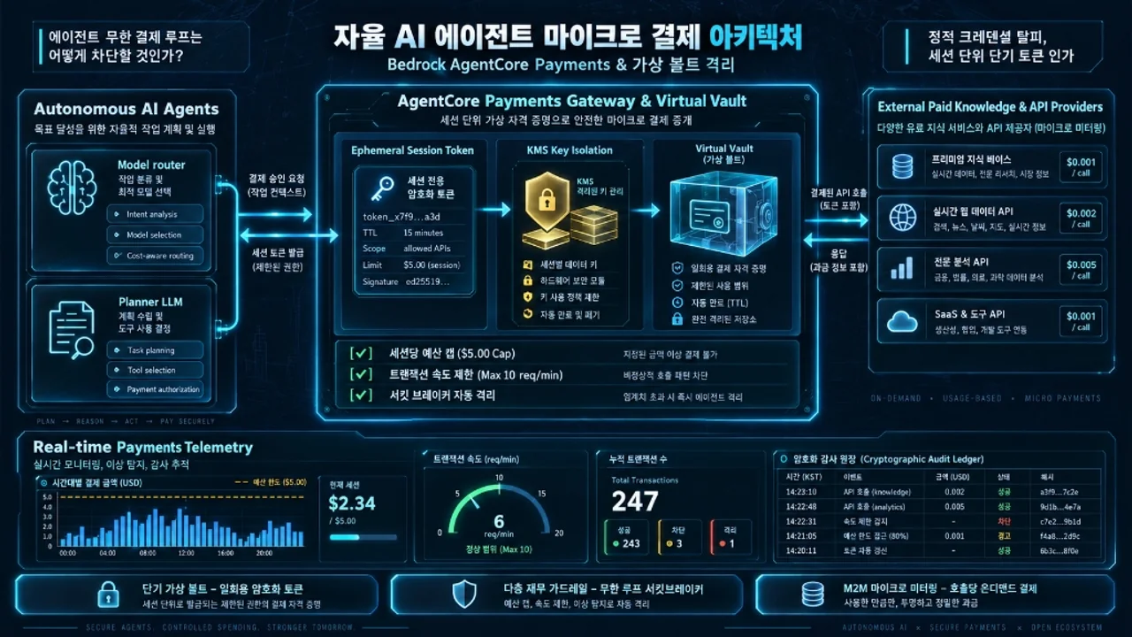 Amazon Bedrock AgentCore Payments 정식 출시와 자율 AI 에이전트 마이크로 결제 재무 가드레일 아키텍처 설계