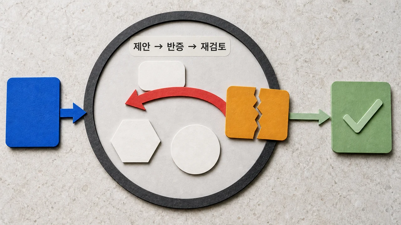 파란 제안이 대안 비교 고리로 들어가고 반증이 발견되면 빨간 경로로 되돌아가는 결정 루프