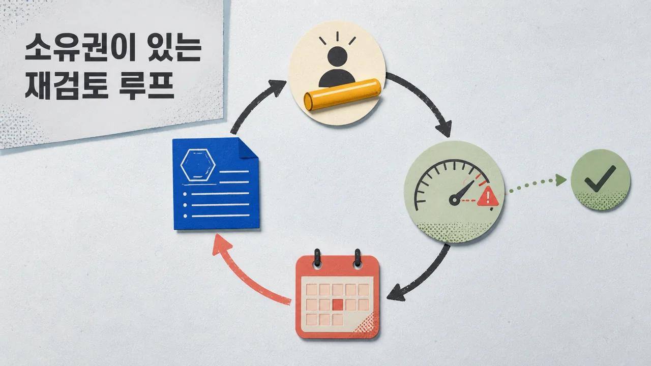 ADR 문서가 소유권·기준선·재검토 달력으로 순환하고 실패 신호는 기록 단계로 되돌아가는 운영 루프