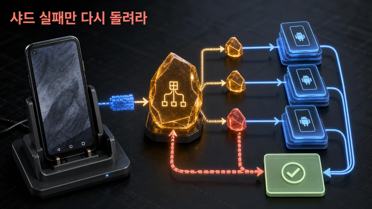 물리 Android 기기와 가상 에뮬레이터 타일로 나뉜 테스트 번들에서 실패 샤드만 컨트롤러로 되돌아가는 인프라 경로