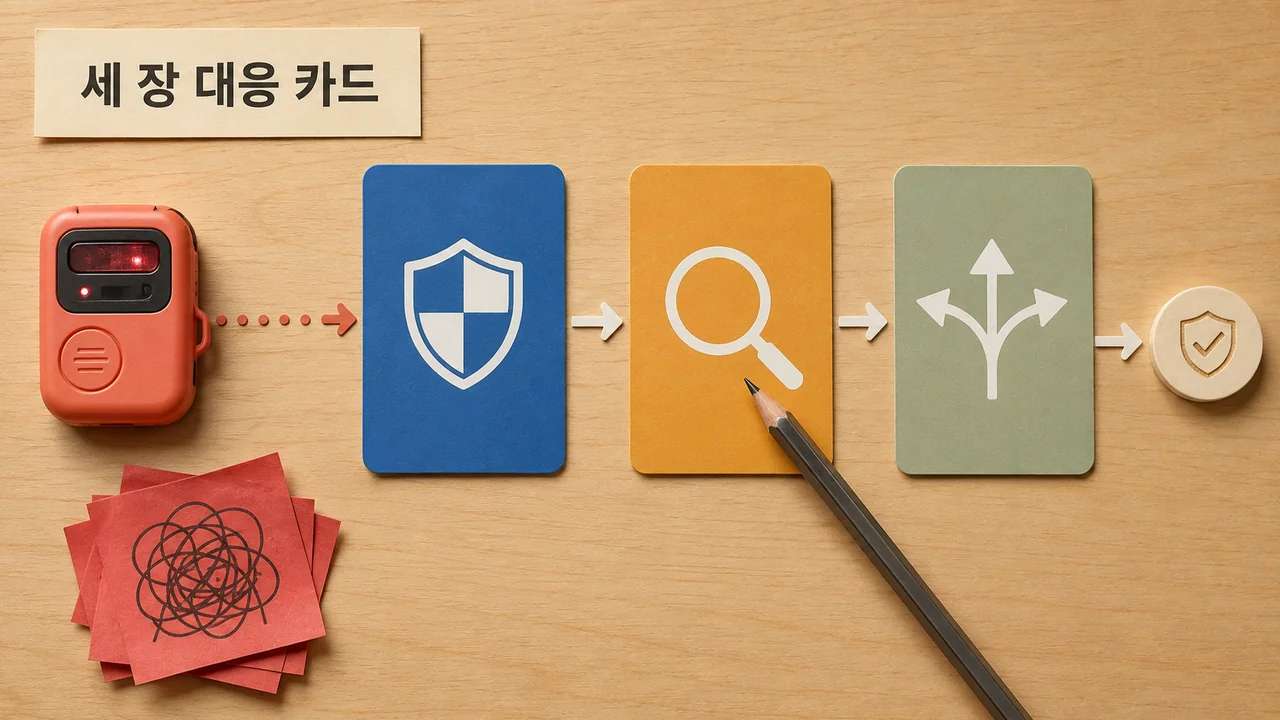 호출 비콘에서 방패·돋보기·분기 카드와 복구 토큰으로 한 방향으로 이어지는 물리적 대응 카드
