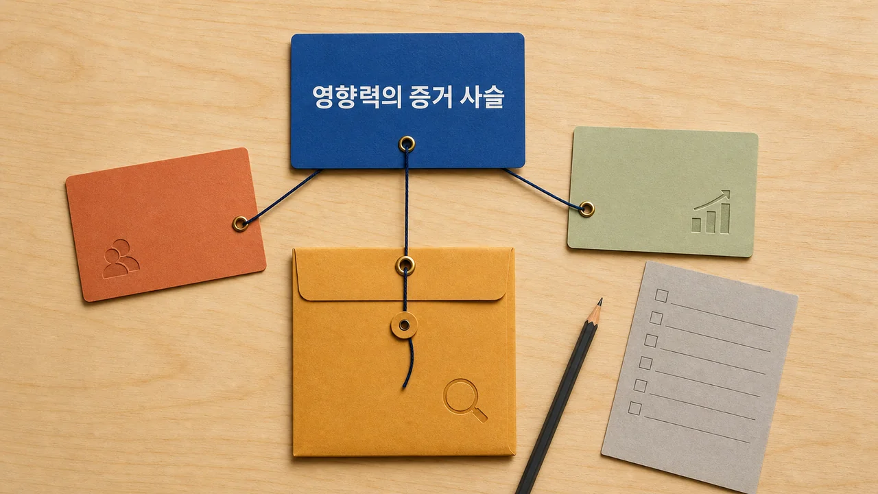 수혜자 카드와 영향력 지도, 결과 카드, 증거 봉투가 실로 이어지고 체크리스트는 따로 놓인 탁상 정물