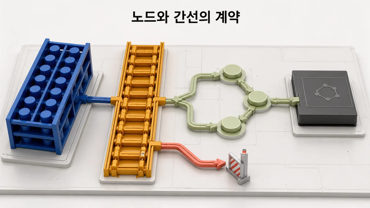노드 테이블 선반과 간선 레일이 세 노드 경로와 결과 카드로 이어지고 잘못된 분기는 차단되는 그림