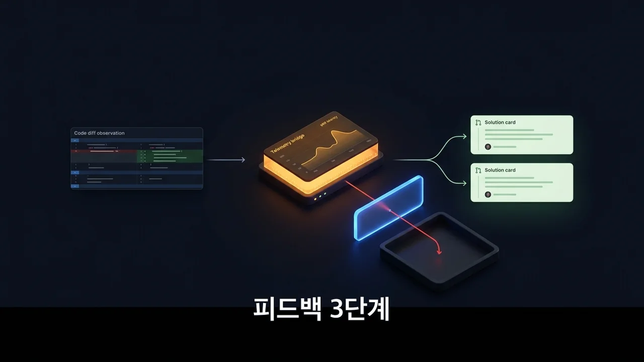 관찰 태블릿에서 출발한 정보가 호박색 브리지를 거쳐 대안 카드로 흐르고 편향 화살표는 차단되는 그림