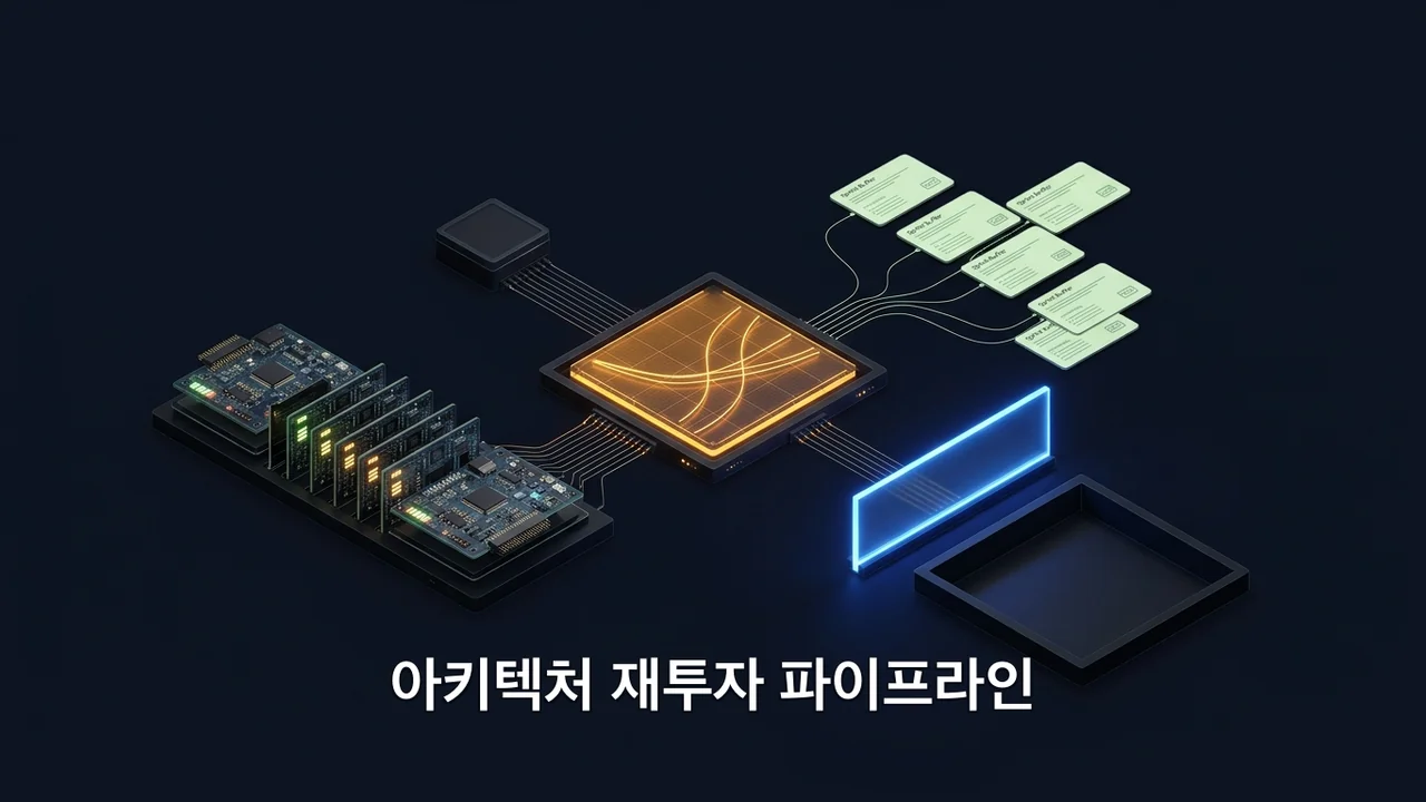 모듈 상태 센서 입력 카드가 감가상각 매트릭스를 거쳐 20% 스프린트 보호 버퍼로 환원되는 3단계 재투자 아키텍처 다이어그램