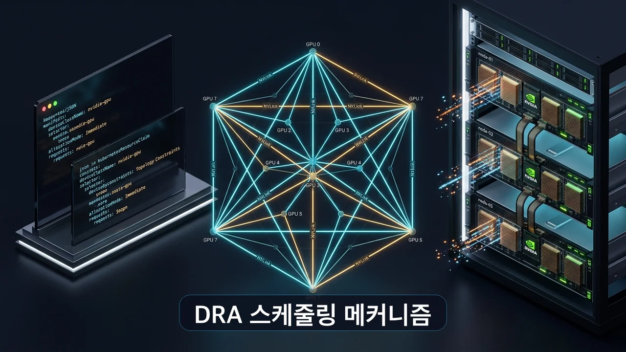파드 요청이 DRA 드라이버의 하드웨어 토폴로지 필터를 거쳐 고속 NVLink 채널 카드로 바인딩되는 3D 스케줄링 라우트 다이어그램