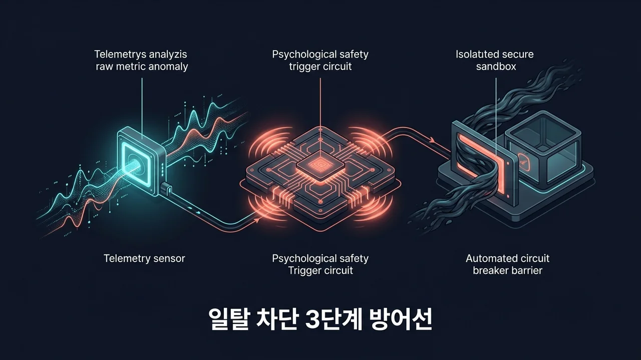 신호 수집 센서와 심리적 안전 트리거가 서킷 브레이커 차단벽과 연동되어 위험 신호를 격리 샌드박스로 우회시키는 3D 다이어그램