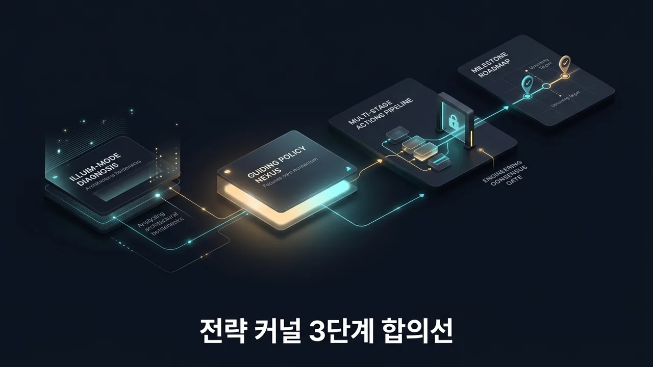 도전 과제 진단 패널과 핵심 추진 방침 카드가 상호 일관된 행동 파이프라인을 거쳐 마일스톤 로드맵으로 수렴하는 3D IT 전략 다이어그램