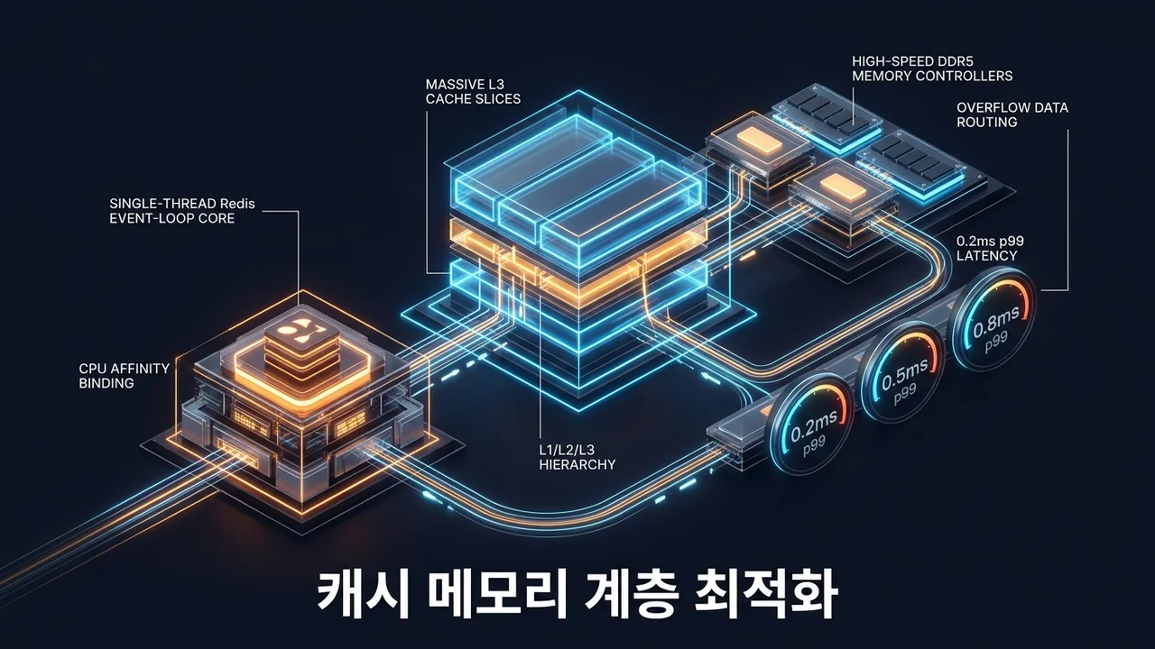 단일 스레드 이벤트 루프 코어가 L3 캐시 슬라이스에 직접 바인딩되어 고속 DDR5 메모리 컨트롤러와 연동되는 컴퓨터 아키텍처 다이어그램