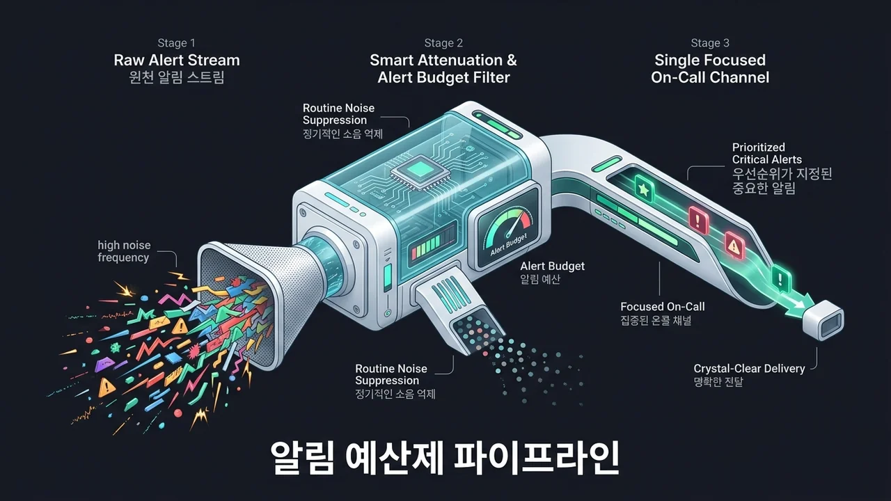 알림 예산제와 단계별 신호 감쇄 필터링을 통해 온콜 엔지니어의 단일 집중 시야를 보장하는 아키텍처 파이프라인