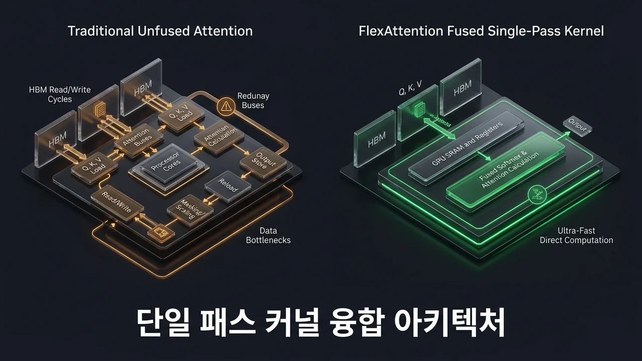 전통적인 연산자의 HBM 왕복 병목과 FlexAttention의 초고속 SRAM 단일 패스 융합 아키텍처 정밀 비교