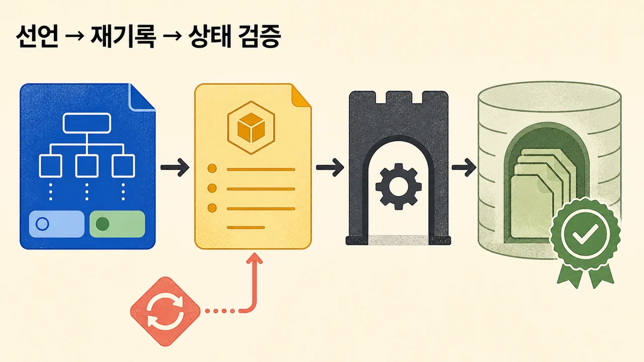CRD 스키마 카드가 이관 객체와 제어 플레인 게이트를 거쳐 성공 상태가 붙은 대상 저장소로 이동하고 변경 시 재시도하는 흐름