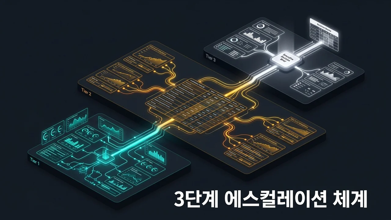 1단계 텔레메트리 메트릭 모듈과 2단계 트레이드오프 비용 시뮬레이션 및 3단계 경영진 결정 게이트웨이 파이프라인 시각화