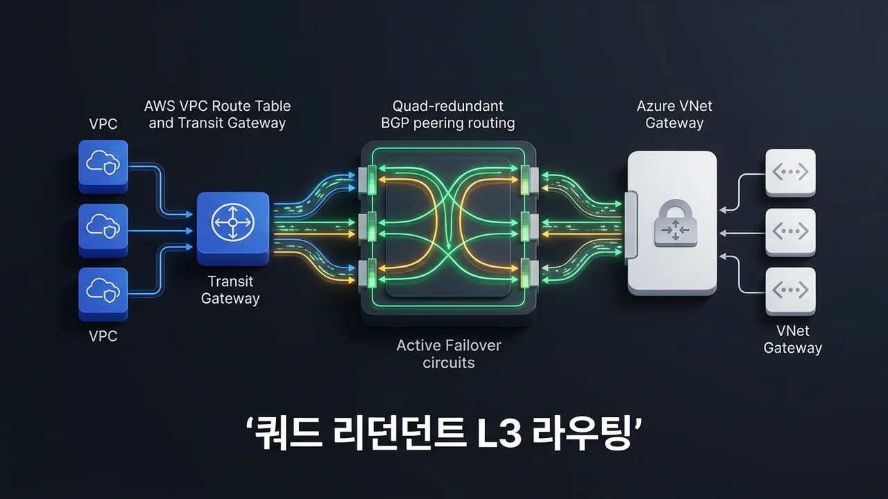AWS VPC 라우트 테이블 및 Transit Gateway와 쿼드 리던던트 BGP 블록 및 Azure VNet 게이트웨이가 연동된 고속 라우팅 파이프라인 시각화