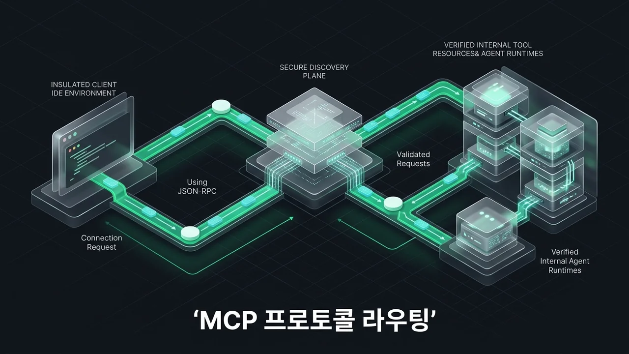 Model Context Protocol 표준을 통해 클라이언트 환경과 사내 검증된 도구 자원을 안전하게 라우팅하는 엔터프라이즈 파이프라인