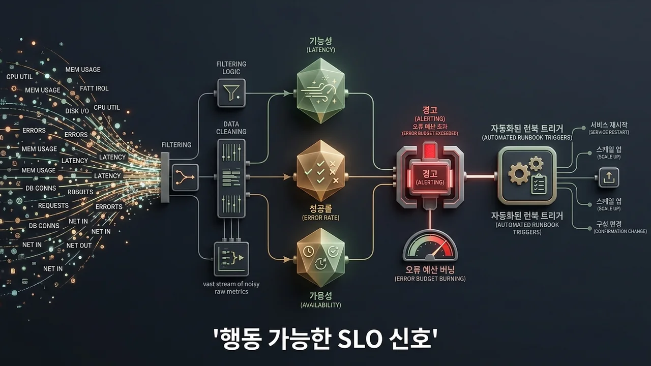 원시 텔레메트리 소음을 정제하여 3대 골든 시그널과 오류 예산 버닝 기반의 자동 조치 파이프라인으로 연결하는 아키텍처