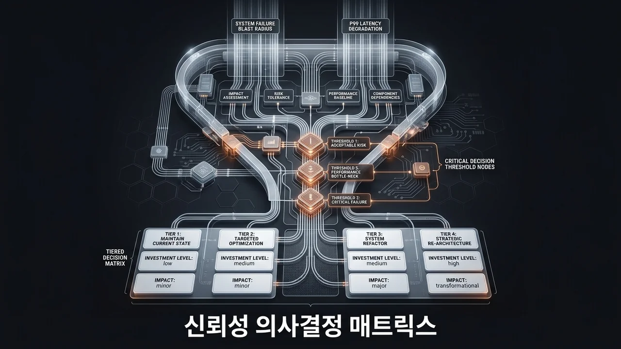 장애 폭발 반경과 지연시간 악화 지표를 4단계 투자 의사결정 매트릭스로 변환하는 엔지니어링 의사결정 흐름도