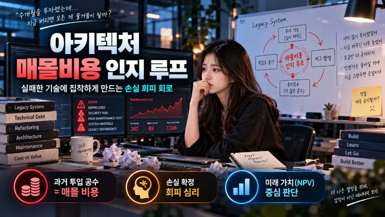 화이트보드의 매몰비용 인지 루프 순환도와 레거시 유지보수 심리 지표를 분석한 인포그래픽