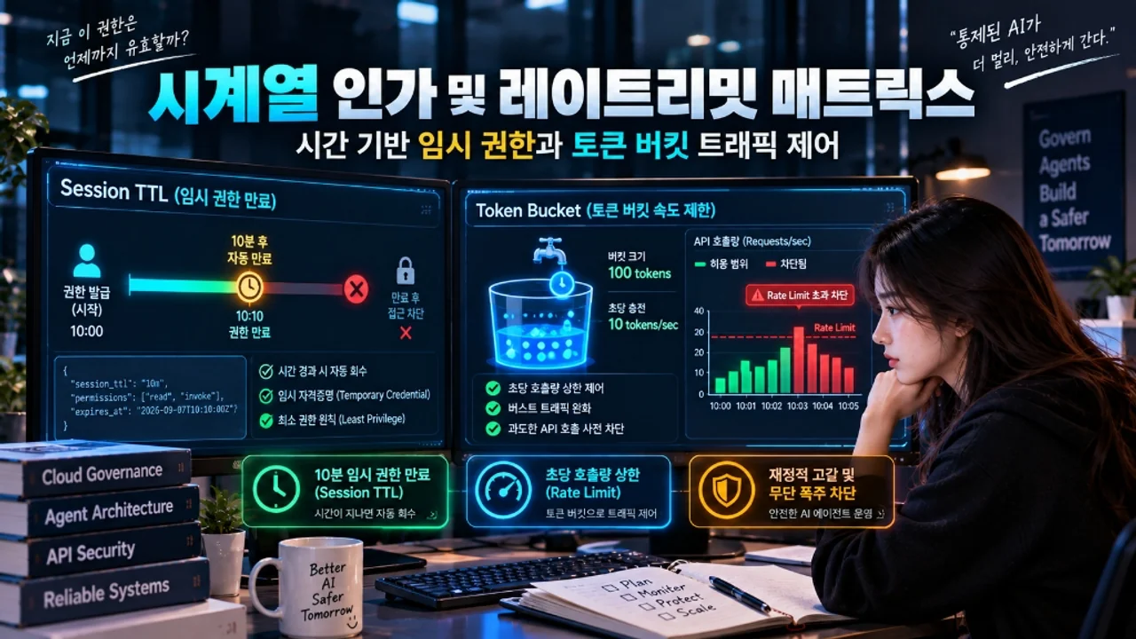 세션 경과 시간축에 따른 동적 권한 만료와 토큰 버킷 수위 제어를 나타낸 시계열 인가 매트릭스