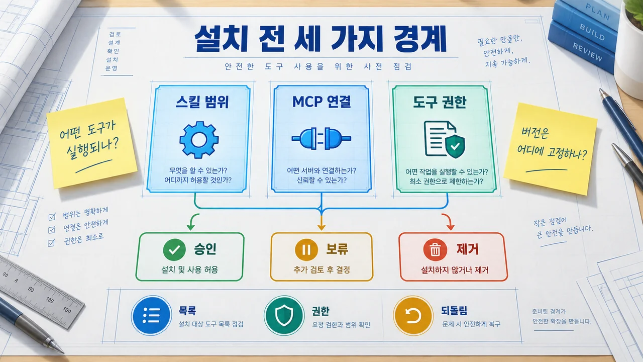 스킬 범위, MCP 연결, 도구 권한을 검토하는 설치 전 경계