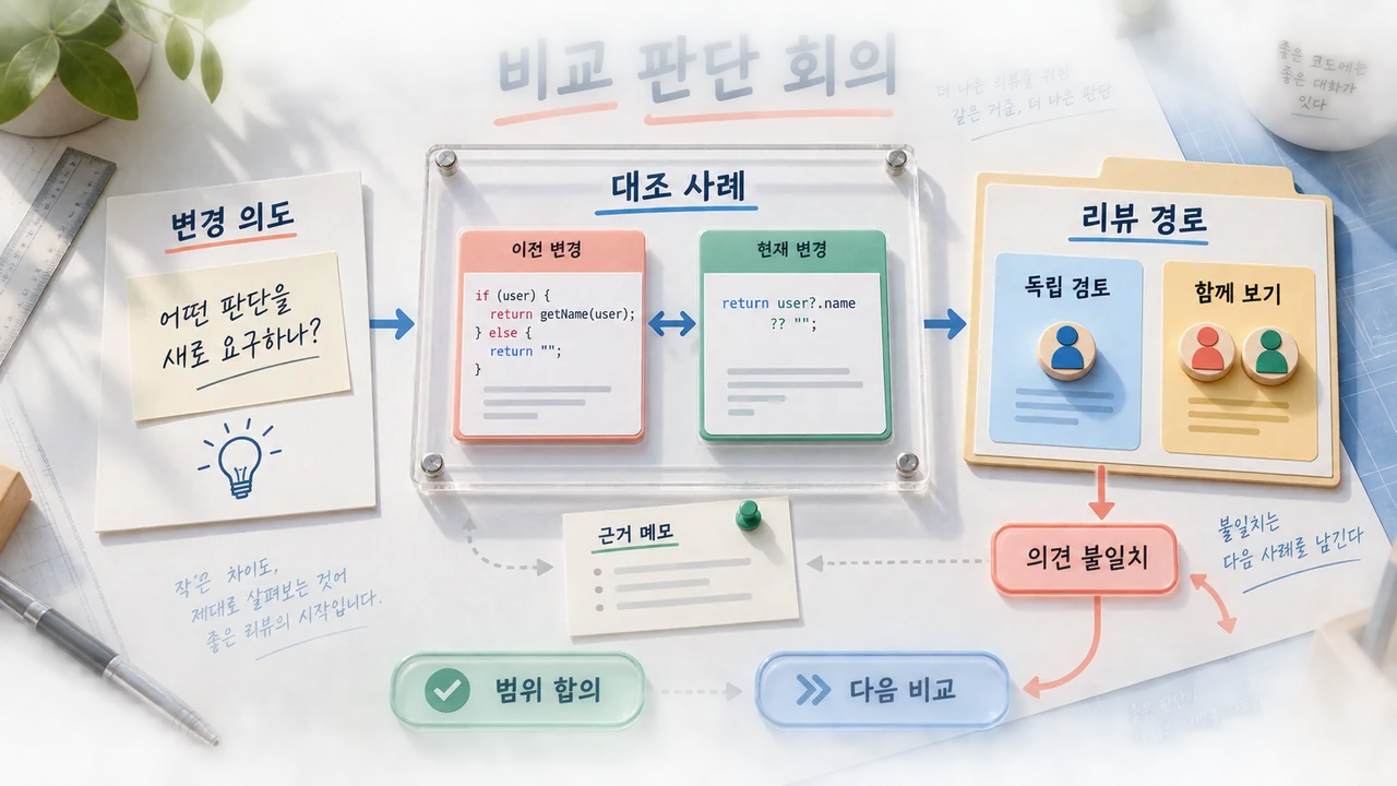 변경 의도와 대조 사례를 통해 리뷰 경로를 합의하는 청사진 데스크 인포그래픽