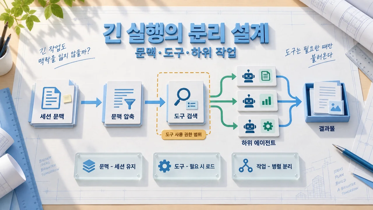 OpenAI Agents API 장기 실행에서 세션 문맥·도구 검색·하위 작업을 분리하는 개념도