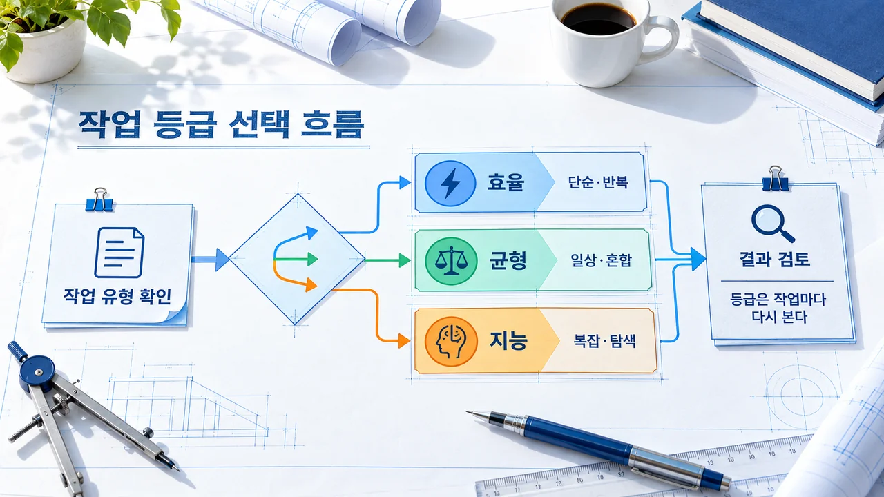 작업 유형 확인 뒤 효율·균형·지능을 선택하고 결과를 다시 검토하는 흐름 개념도